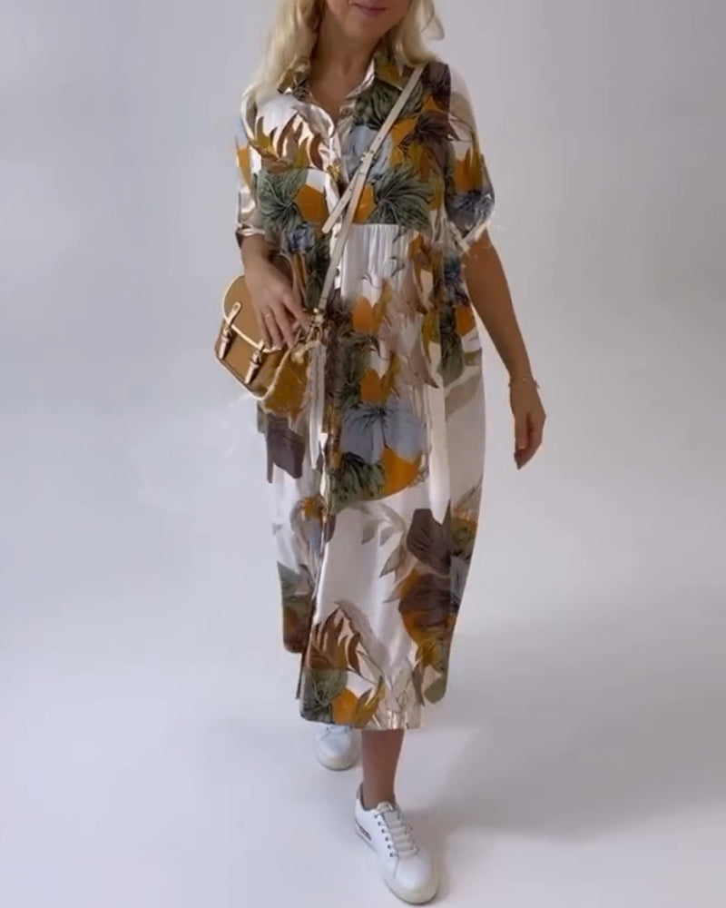 JOPLIN - LEAF PRINT CASUAL DRESS WITH LAPEL COLLAR