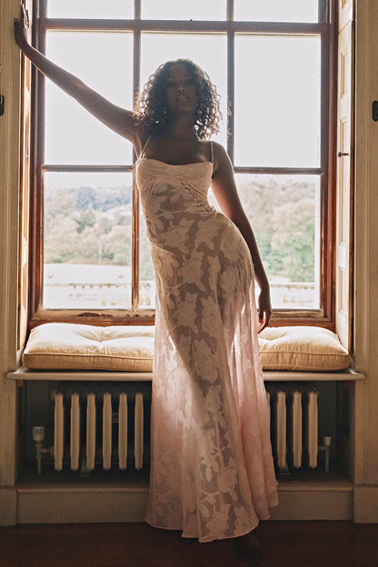 MELISSA - LACE UP FLORAL BACK MAXI GOWN