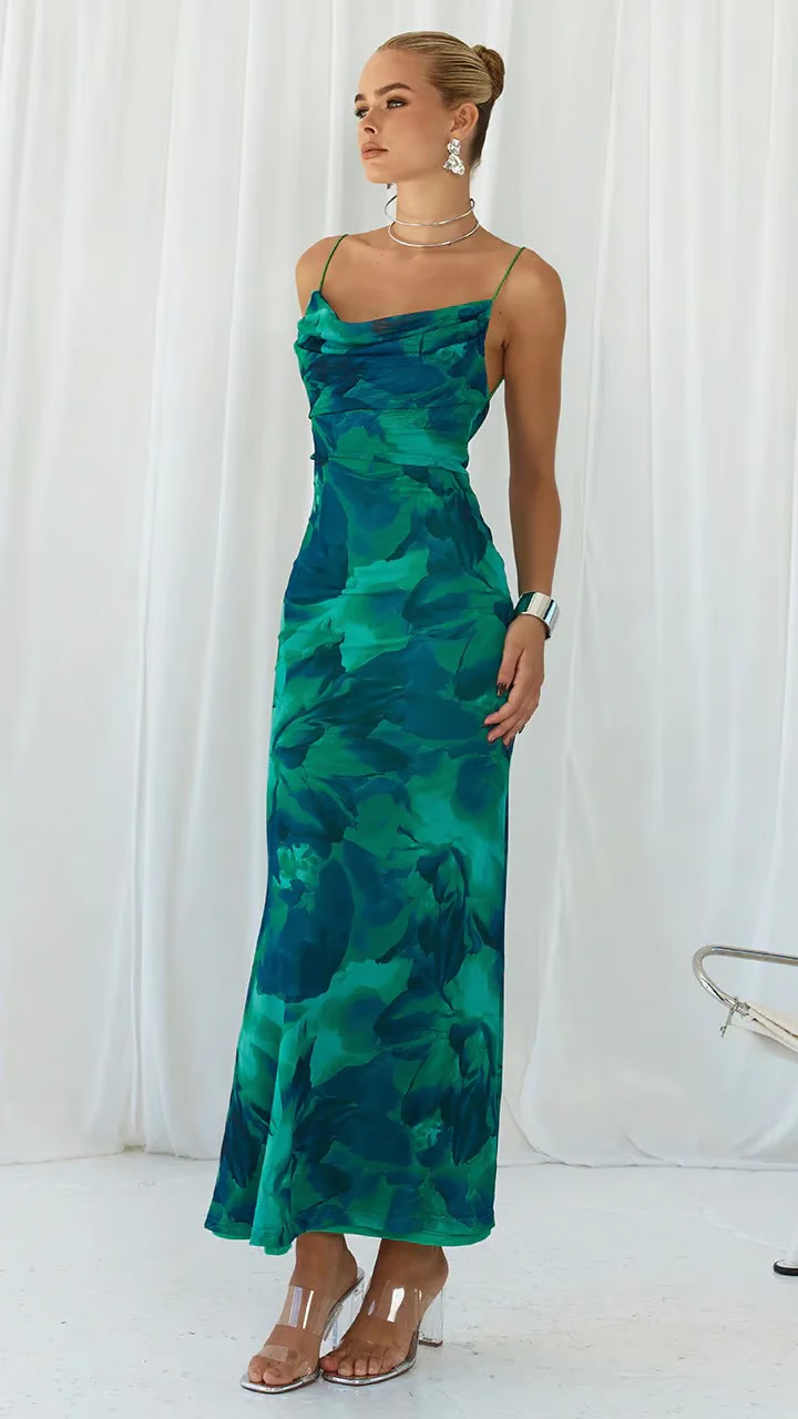 Gina - Green floral halter Maxi Dress