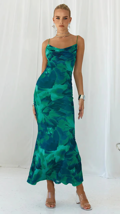 Gina - Green floral halter Maxi Dress