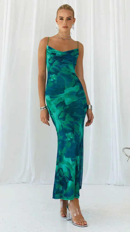 Gina - Green floral halter Maxi Dress