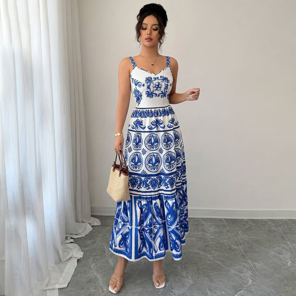 Wendy - Blue Print Sling Maxi Dress