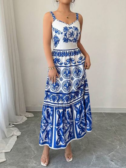 Wendy - Blue Print Sling Maxi Dress