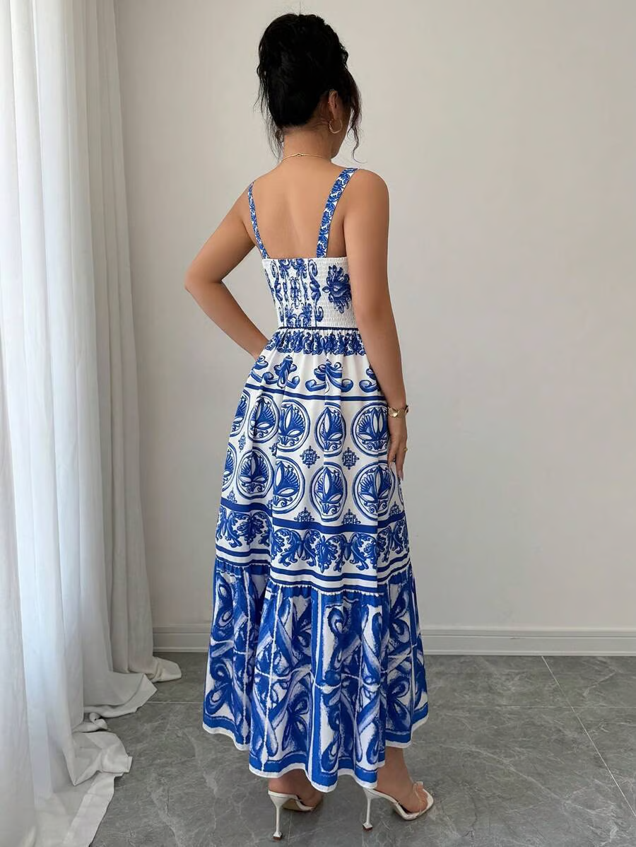 Wendy - Blue Print Sling Maxi Dress