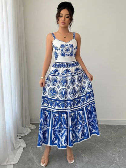 Wendy - Blue Print Sling Maxi Dress