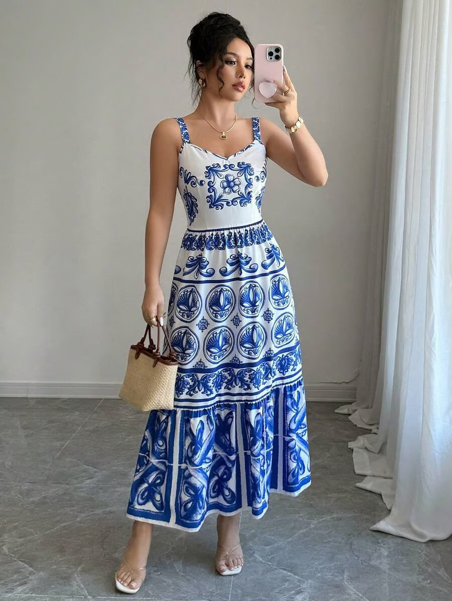 Wendy - Blue Print Sling Maxi Dress