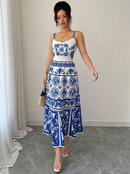 Wendy - Blue Print Sling Maxi Dress
