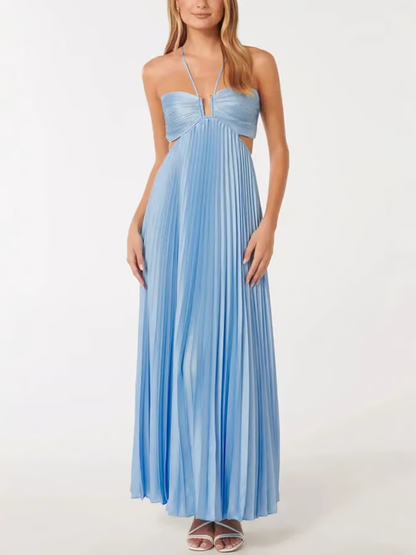 Dara - Blue sexy halterneck strapless pleated flowing Maxi Dress