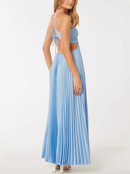 Dara - Blue sexy halterneck strapless pleated flowing Maxi Dress