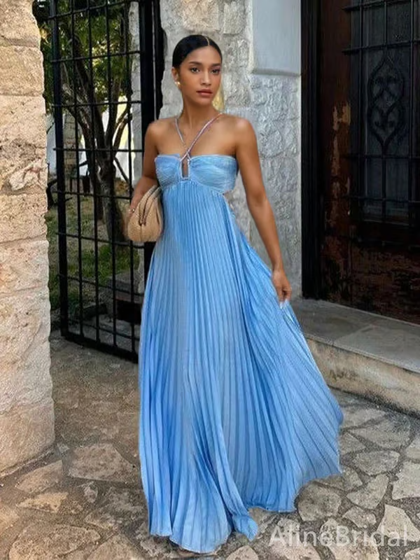 Dara - Blue sexy halterneck strapless pleated flowing Maxi Dress