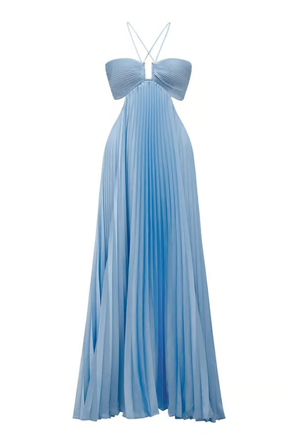 Dara - Blue sexy halterneck strapless pleated flowing Maxi Dress