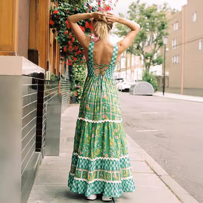 Pola - Green floral print vacation Maxi Dress