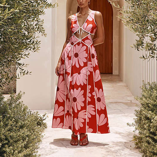 Rachel - Red daisy print vacation Maxi Dress