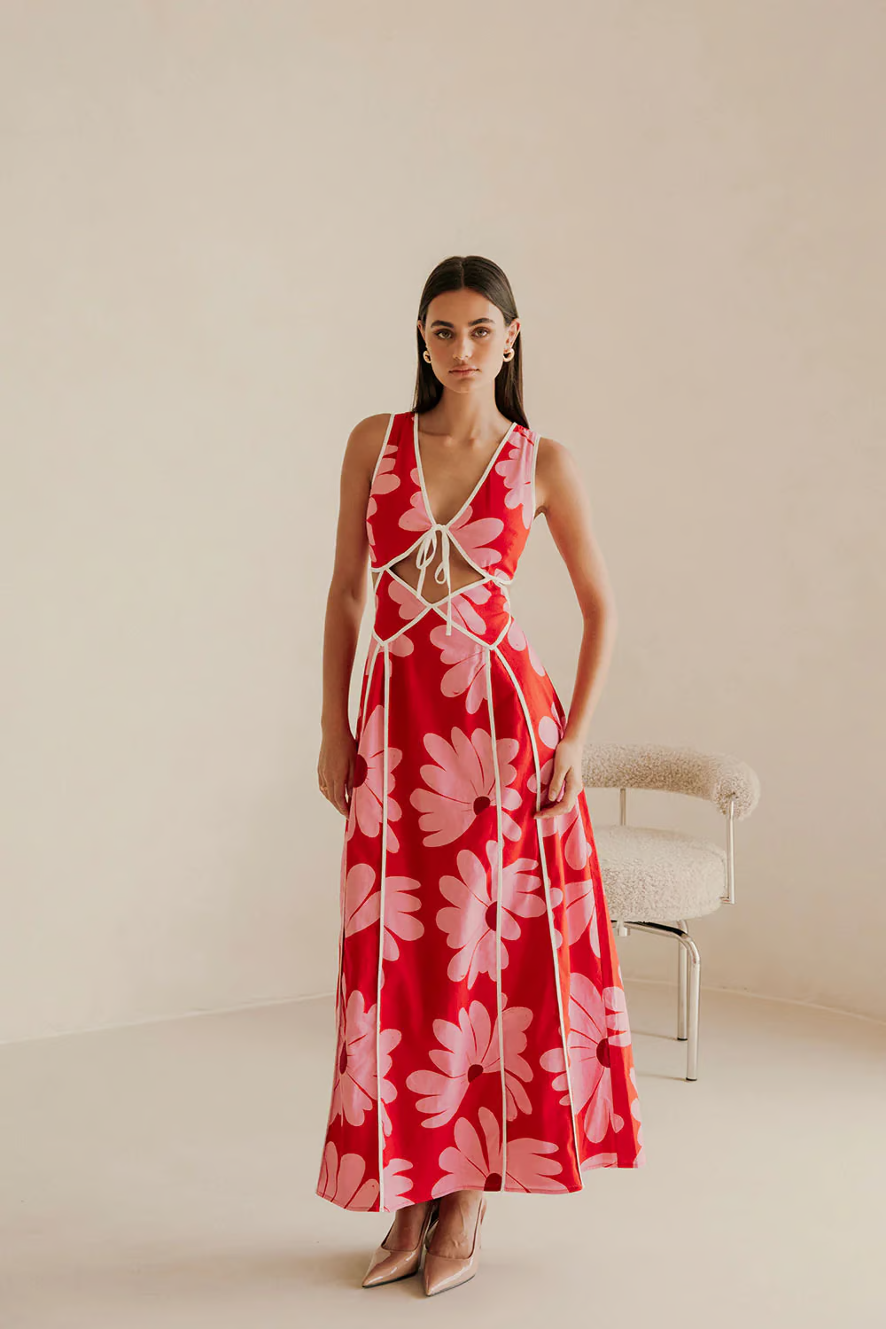 Rachel - Red daisy print vacation Maxi Dress