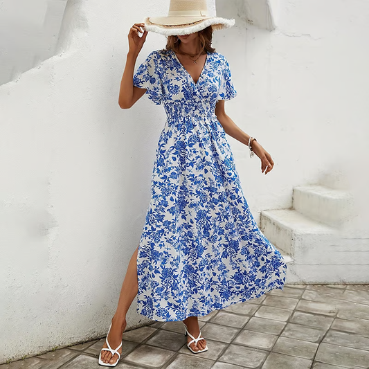 Brina - V-neck blue floral-printed slimming Maxi Dress