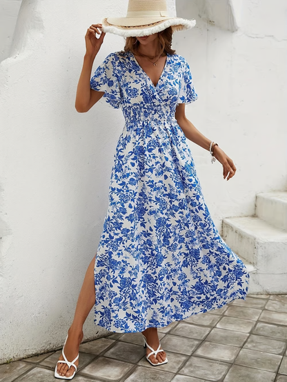 Brina - V-neck blue floral-printed slimming Maxi Dress