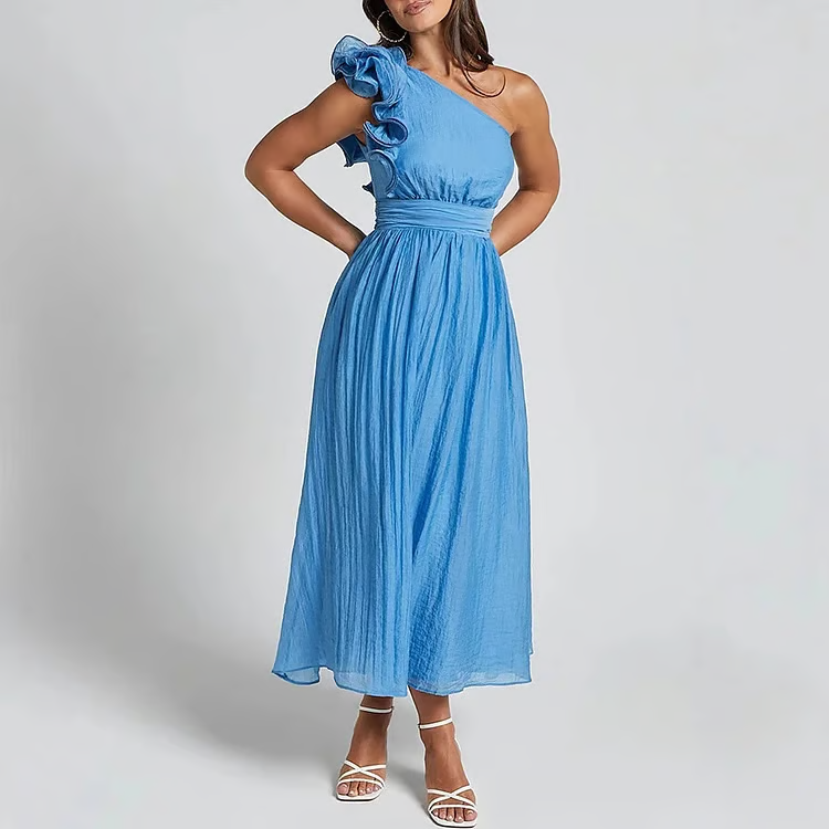 Jelly - Oblique Shoulder Ruffle Maxi Dress