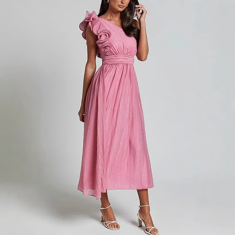 Jelly - Oblique Shoulder Ruffle Maxi Dress