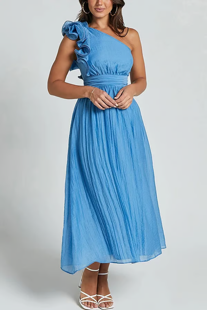 Jelly - Oblique Shoulder Ruffle Maxi Dress