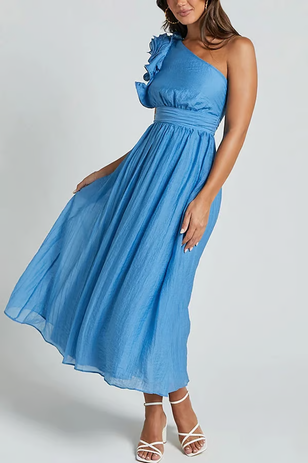 Jelly - Oblique Shoulder Ruffle Maxi Dress
