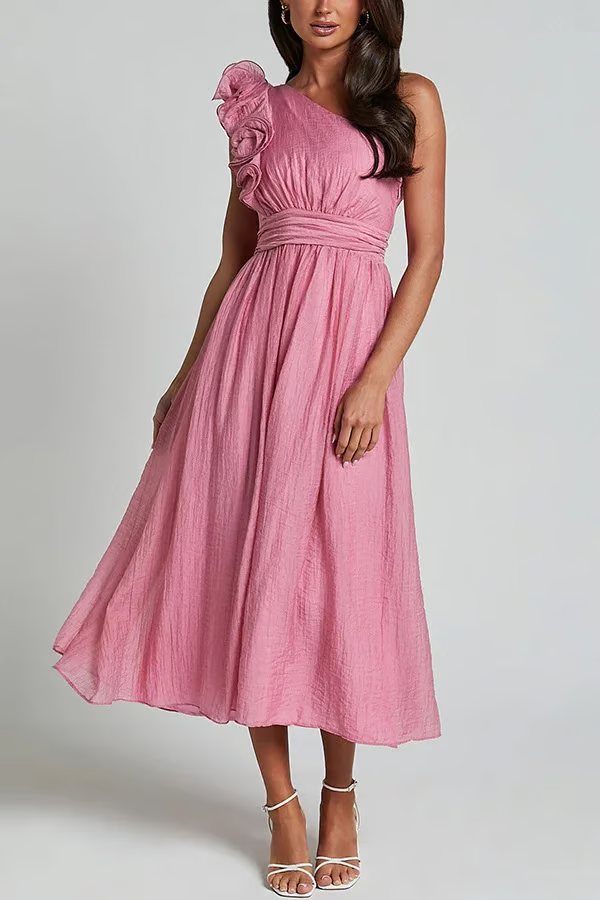 Jelly - Oblique Shoulder Ruffle Maxi Dress