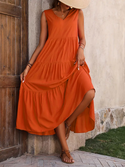 Ramona - Loose Casual Sleeveless V Neck Ruffle Hem Dress for Spring & Summer