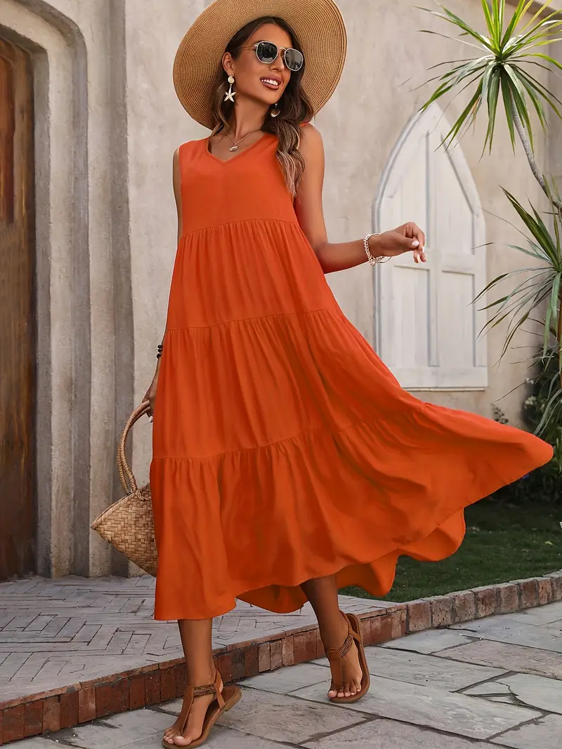 Ramona - Loose Casual Sleeveless V Neck Ruffle Hem Dress for Spring & Summer