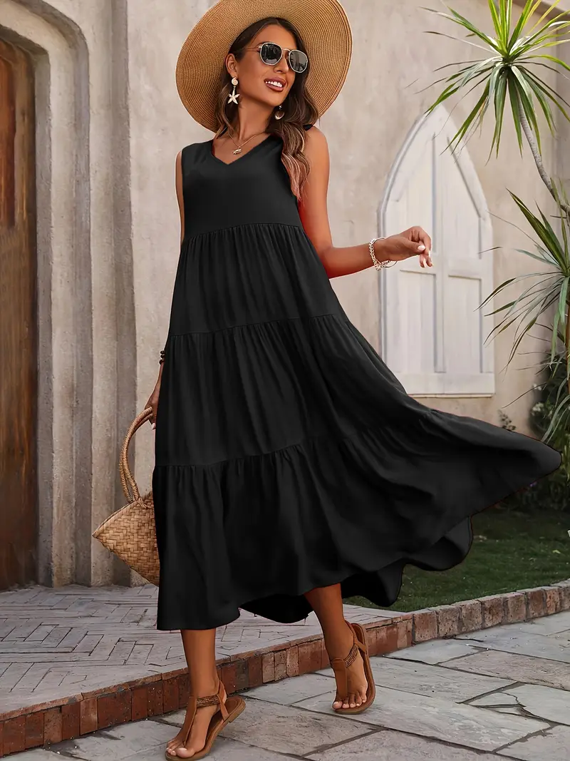 Ramona - Loose Casual Sleeveless V Neck Ruffle Hem Dress for Spring & Summer