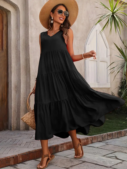 Ramona - Loose Casual Sleeveless V Neck Ruffle Hem Dress for Spring & Summer