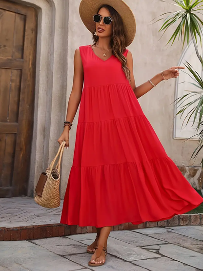 Ramona - Loose Casual Sleeveless V Neck Ruffle Hem Dress for Spring & Summer