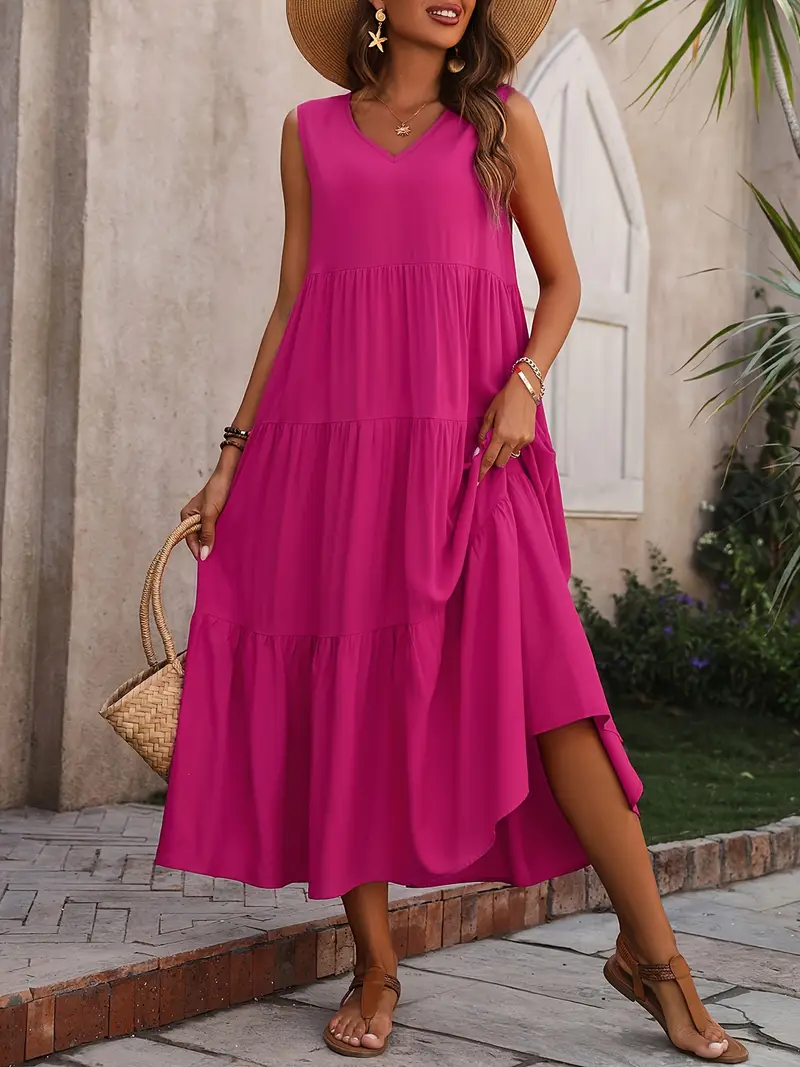 Ramona - Loose Casual Sleeveless V Neck Ruffle Hem Dress for Spring & Summer