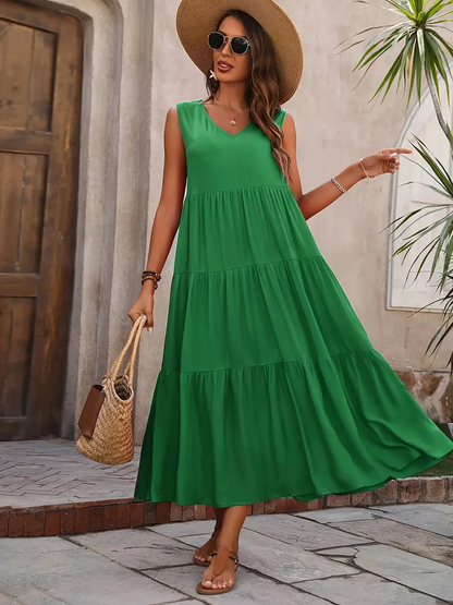 Ramona - Loose Casual Sleeveless V Neck Ruffle Hem Dress for Spring & Summer