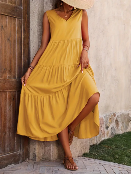Ramona - Loose Casual Sleeveless V Neck Ruffle Hem Dress for Spring & Summer