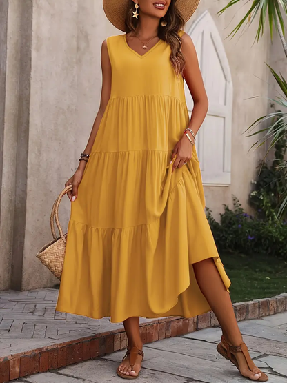 Ramona - Loose Casual Sleeveless V Neck Ruffle Hem Dress for Spring & Summer