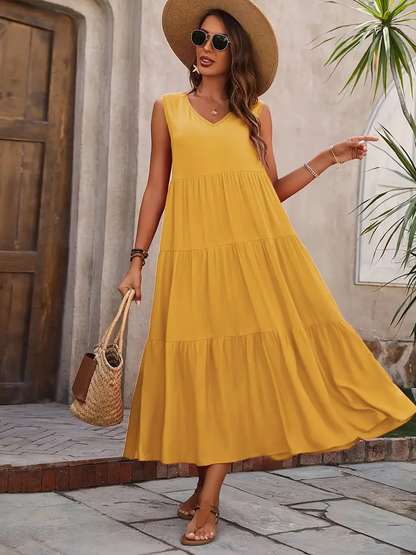 Ramona - Loose Casual Sleeveless V Neck Ruffle Hem Dress for Spring & Summer