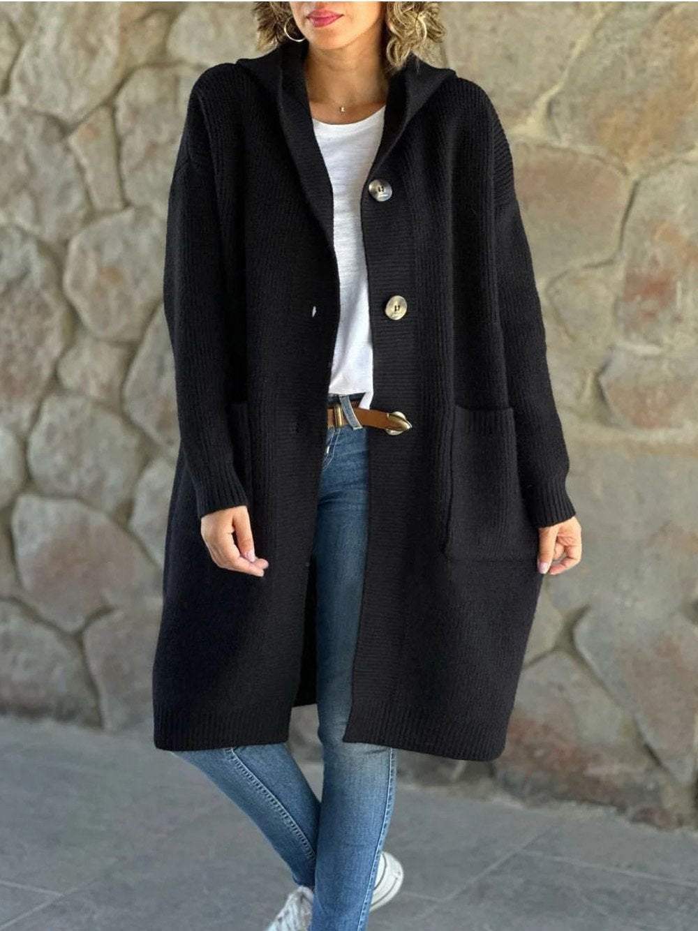 VENA - CREAM KNITTED COAT WITH HOOD