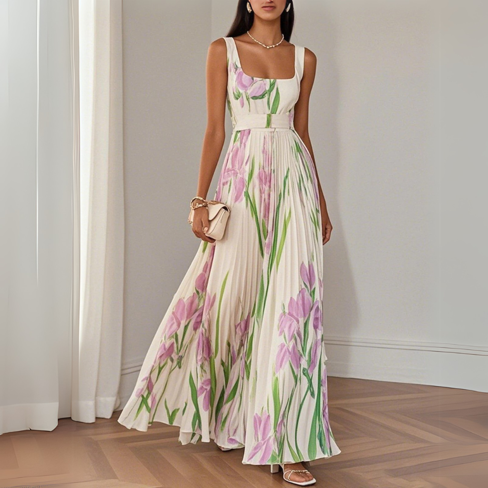 ZINNIAS - STYLISH FLORAL PLEATED MAXI DRESS